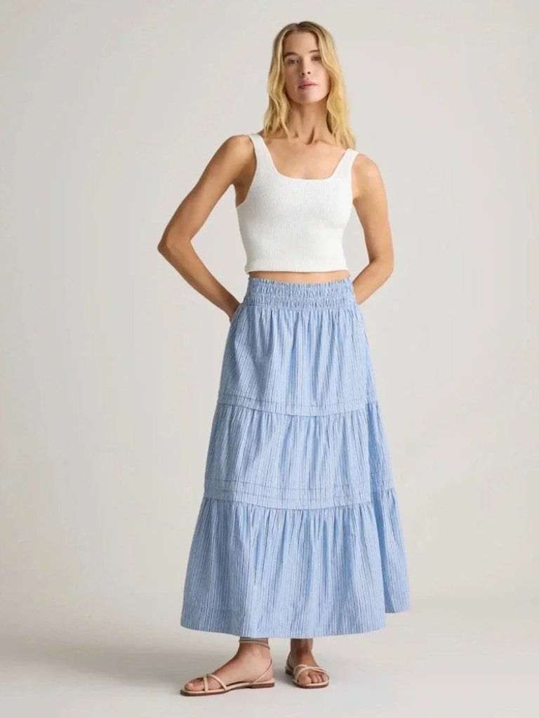 Quince 100% Organic Cotton Poplin Tiered Maxi Skirt Tribeca Stripe Blue Xs